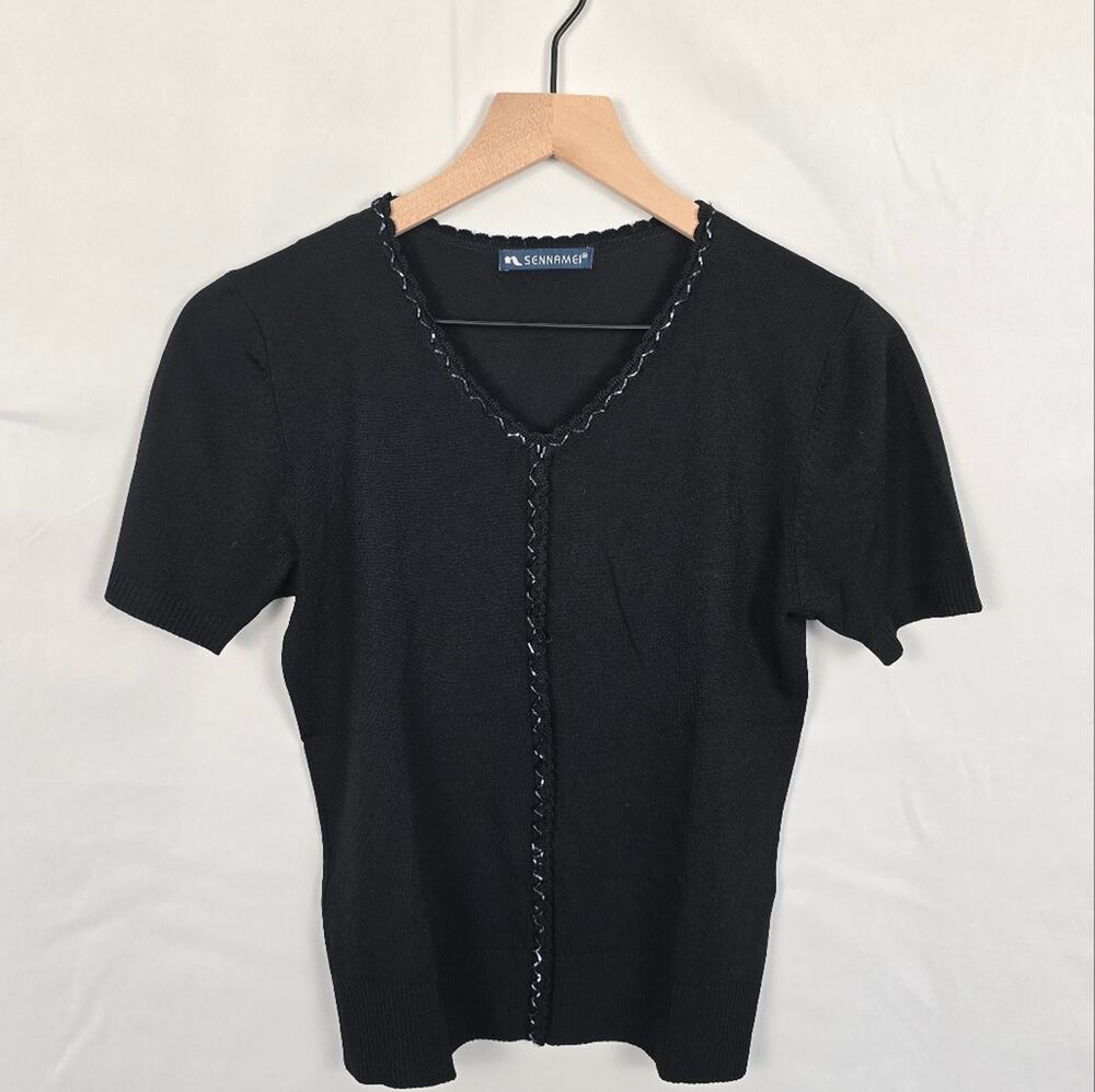 Vintage Sennamei Black Beaded Short-Sleeve Knit Top – Size M